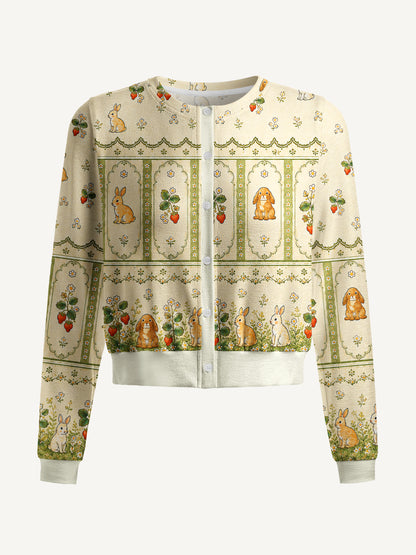 Lightweight Crew Neck Long‑Sleeve Cropped Bunnyberry Garden Print Fine‑Knit Cardigan