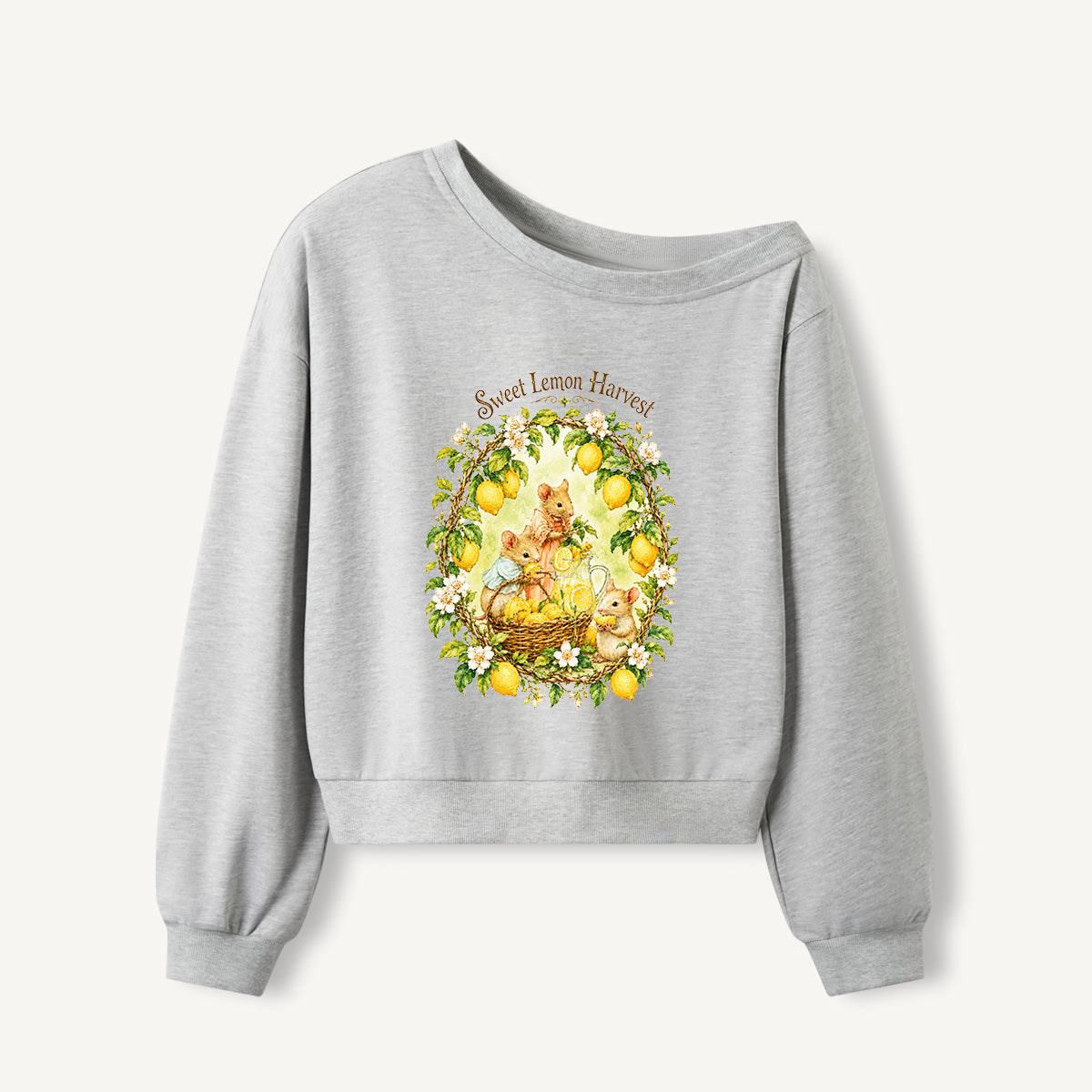 Sweet Lemon Harvest Print Off Shoulder Sweatshirts