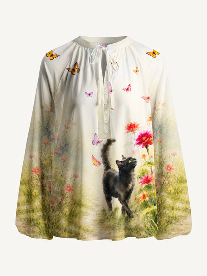 Black Cat in Blooming Garden Watercolor Print Boho Long Sleeve Tie‑Neck Blouse