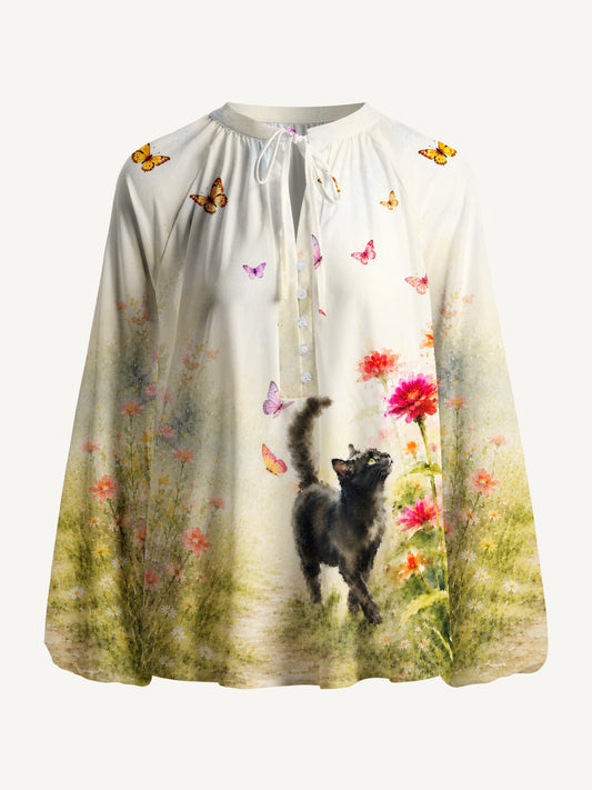 Black Cat in Blooming Garden Watercolor Print Boho Long Sleeve Tie‑Neck Blouse