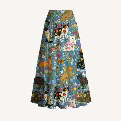 Colorful Garden Cat Print Convertible Maxi Skirt & Strapless Dress
