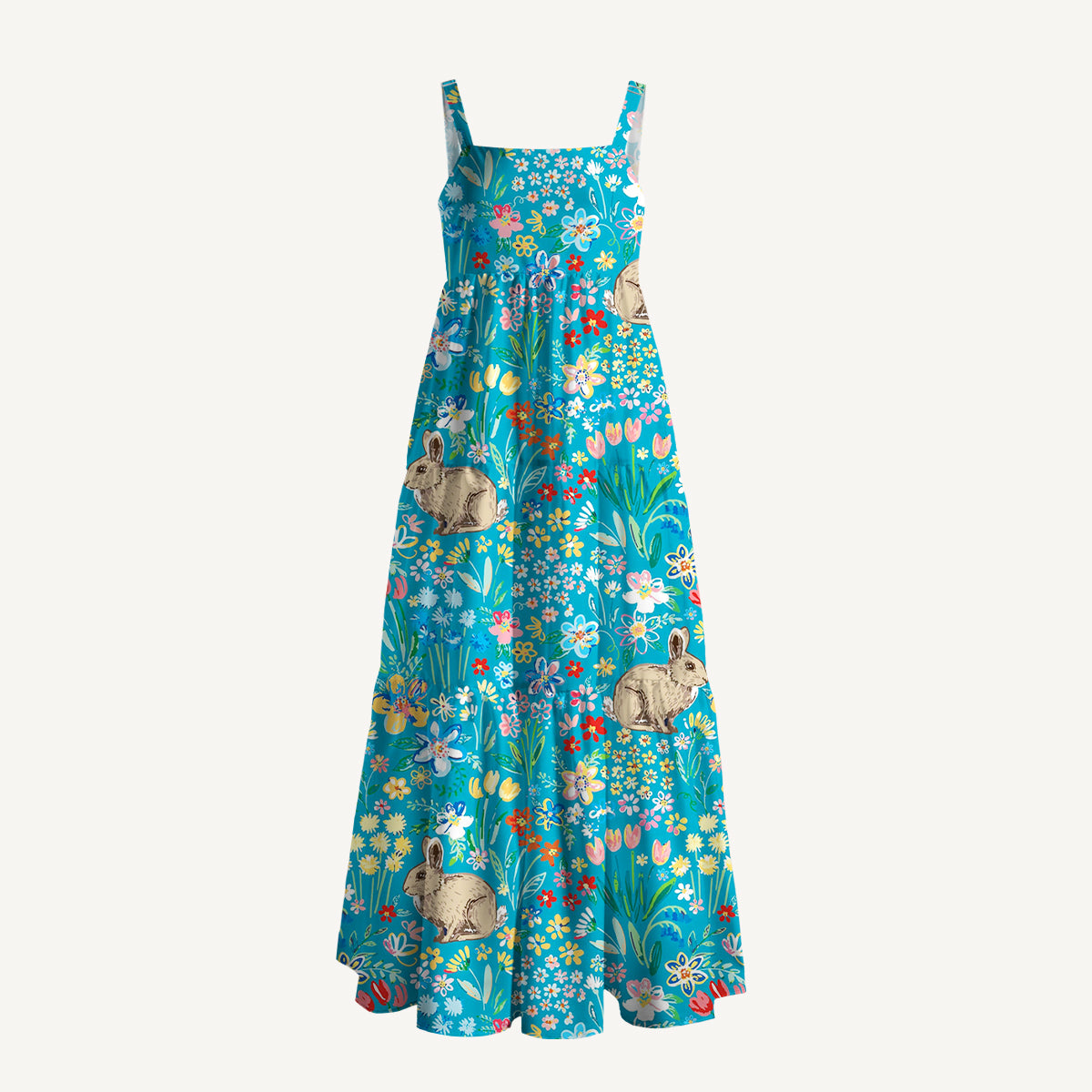 Blue Garden Rabbit Print Wide Straps Maxi Dress With Pockets