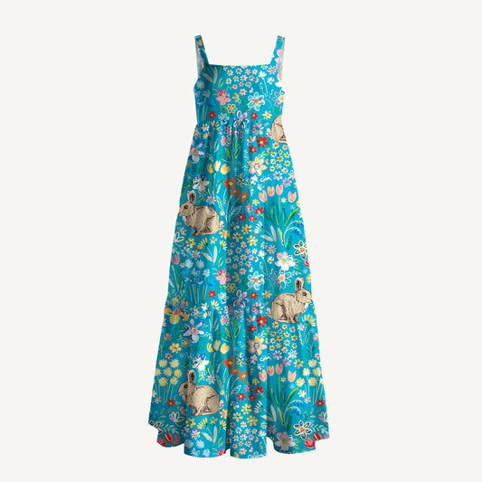 Blue Garden Rabbit Print Wide Straps Maxi Dress With Pockets