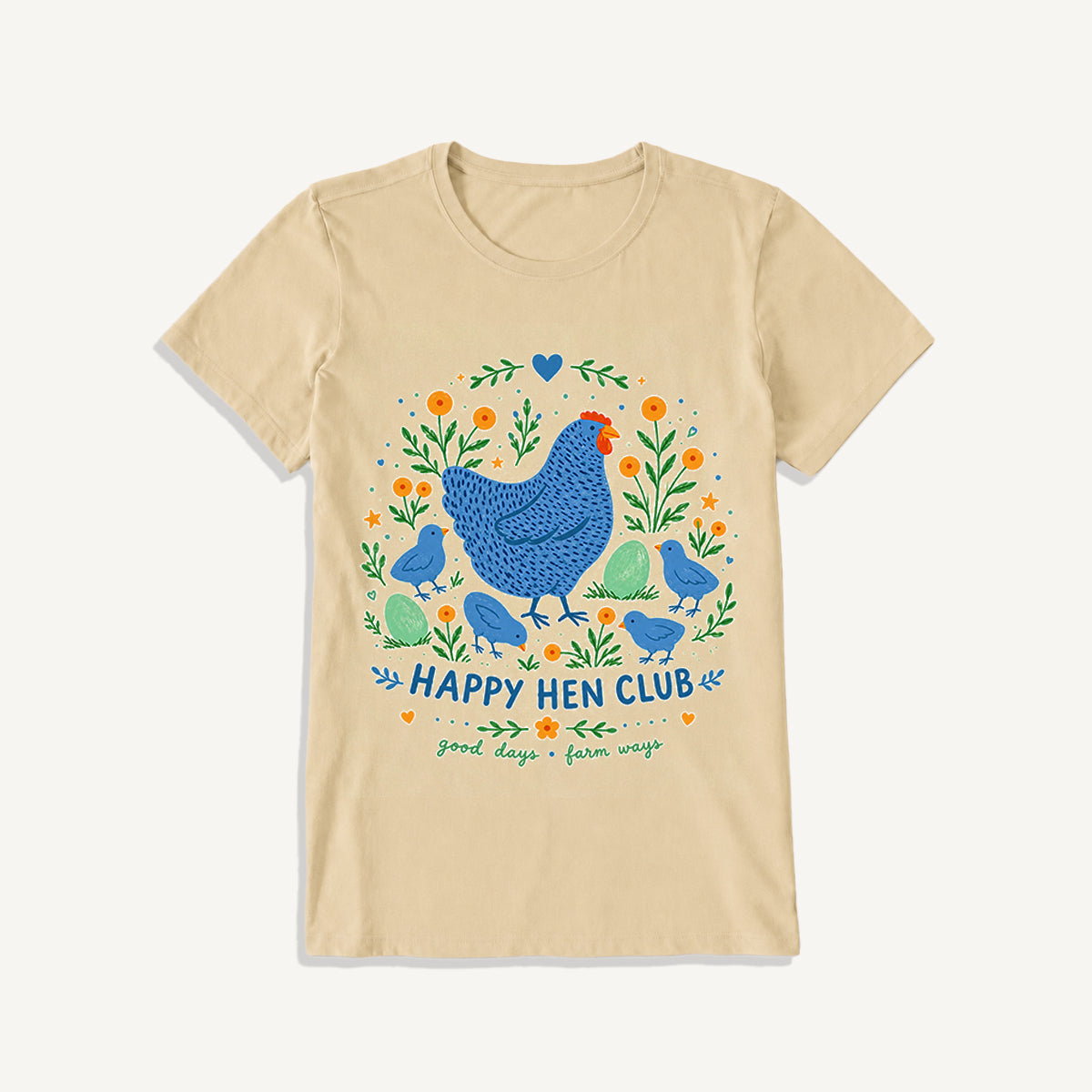 Blue Hen and Chicks Garden Print Crew Neck Cotton Tee