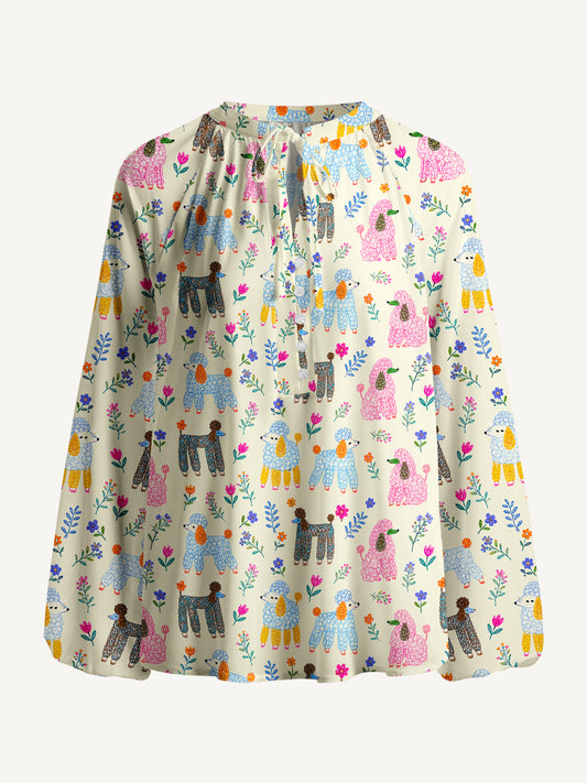 Whimsical Garden Poodles Pattern Print Boho Long Sleeve Tie‑Neck Blouse