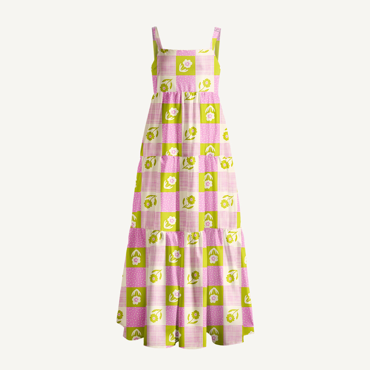 Spring Picnic Patchwork Print Wide Straps Maxi Dress With Pockets