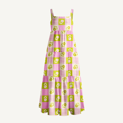 Spring Picnic Patchwork Print Wide Straps Maxi Dress With Pockets