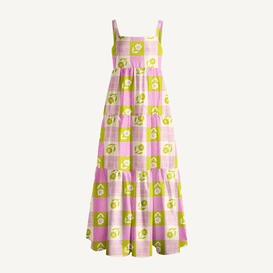 Spring Picnic Patchwork Print Wide Straps Maxi Dress With Pockets