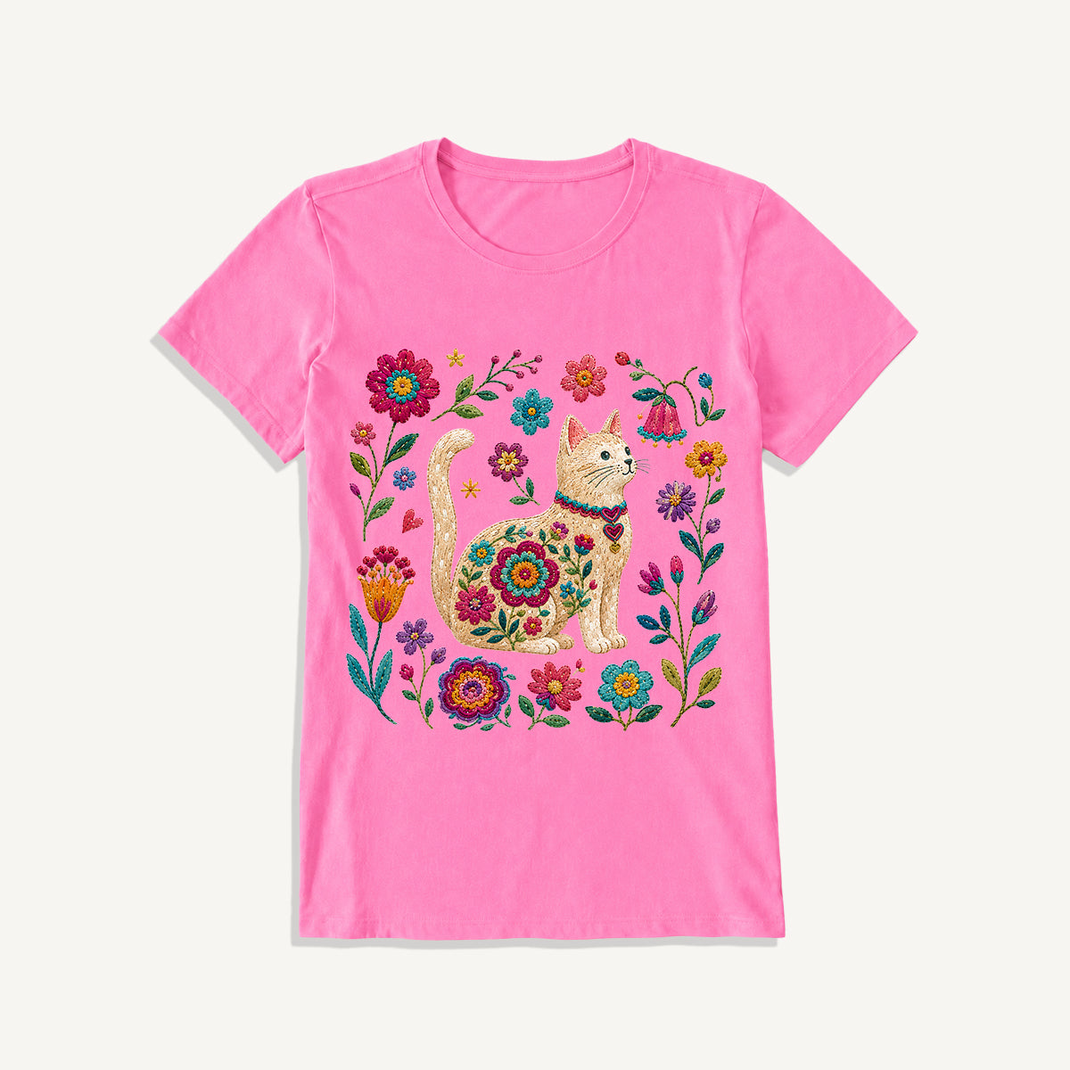 Embroidered Floral Cat Print Crew Neck Cotton Tee
