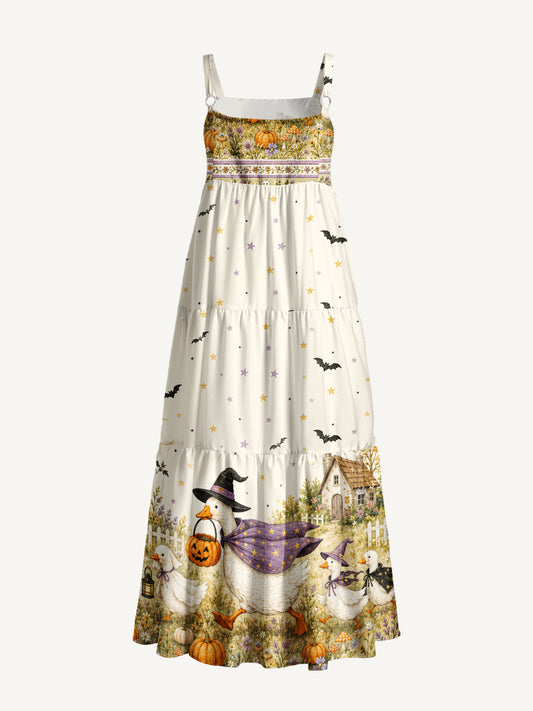 Moonlit Pumpkin Goose Parade Print Wide Straps Maxi Dress With Pockets