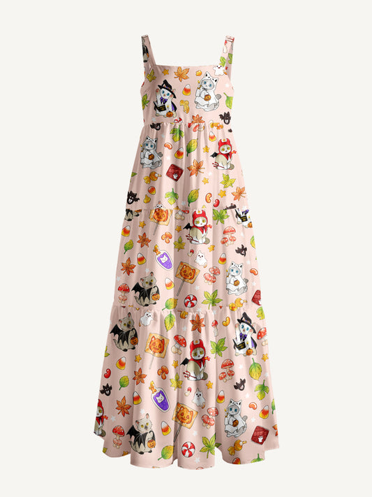 Autumn Forest Critter Halloween Print Wide Straps Maxi Dress With Pockets