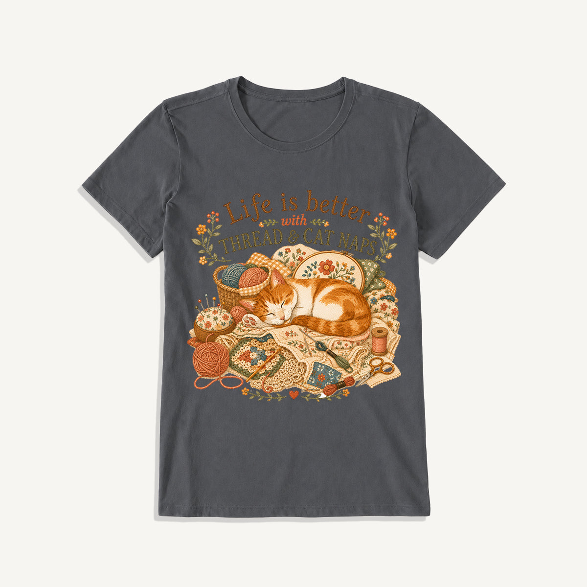 Thread and Cat Naps Print Crew Neck Cotton Tee