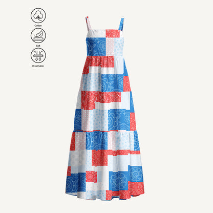 Patriotic Patchwork Print Cotton Wide Straps Maxi Dress With Pockets