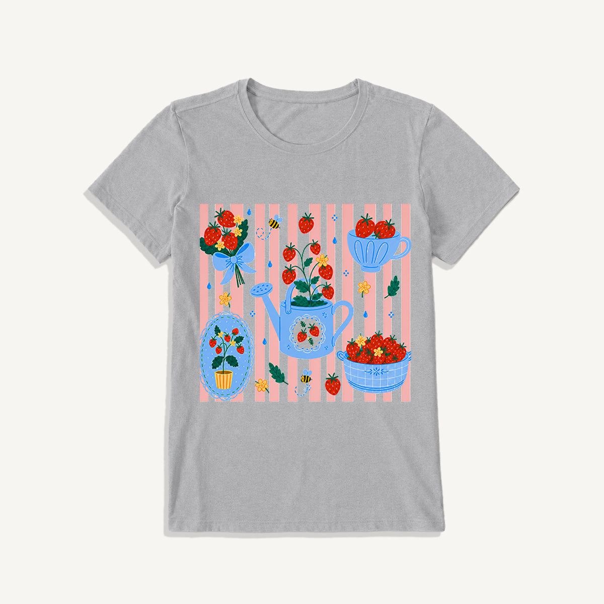 Strawberry Garden Harvest Print Crew Neck Cotton Tee