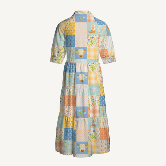 V Neck Collared Highland Cow Patchwork Print Casual Midi Dress With Pockets