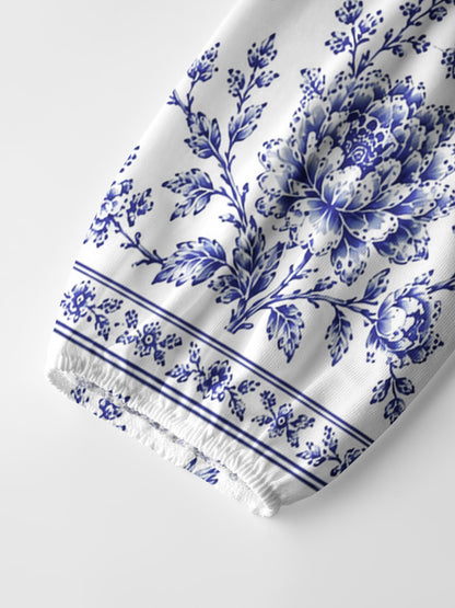 Bluebird Blossom Toile Print Boho Long Sleeve Tie‑Neck Blouse