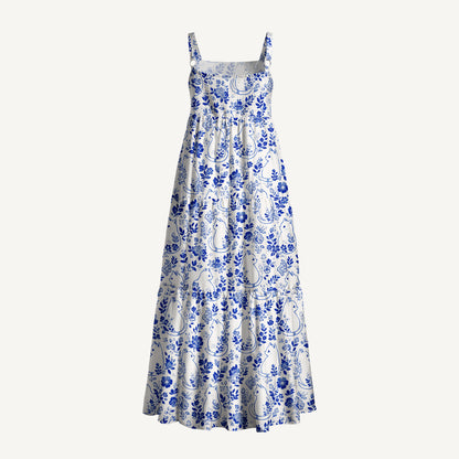 Delft Blue Moonlit Garden Cats Print Wide Straps Maxi Dress With Pockets