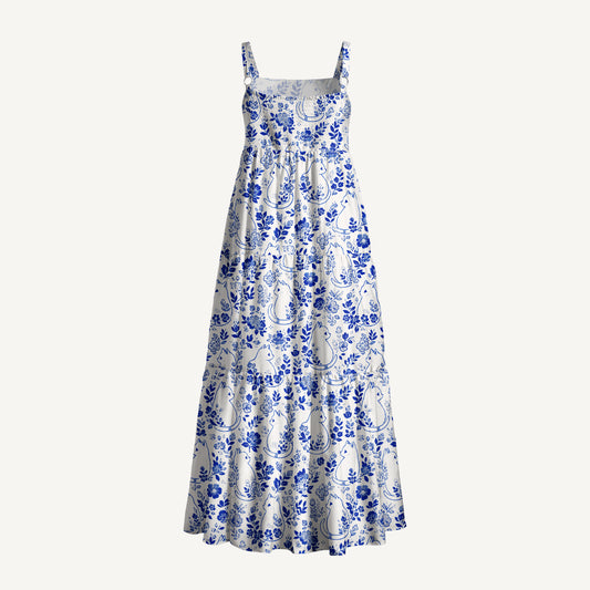 Delft Blue Moonlit Garden Cats Print Wide Straps Maxi Dress With Pockets
