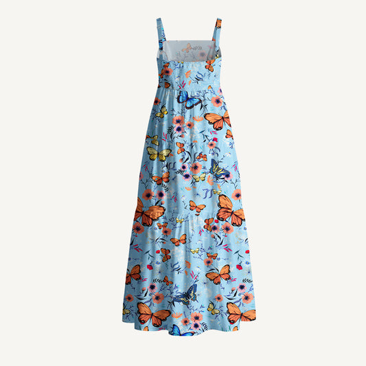 Butterfly Blossom Print Cotton Wide Straps Maxi Dress With Pockets