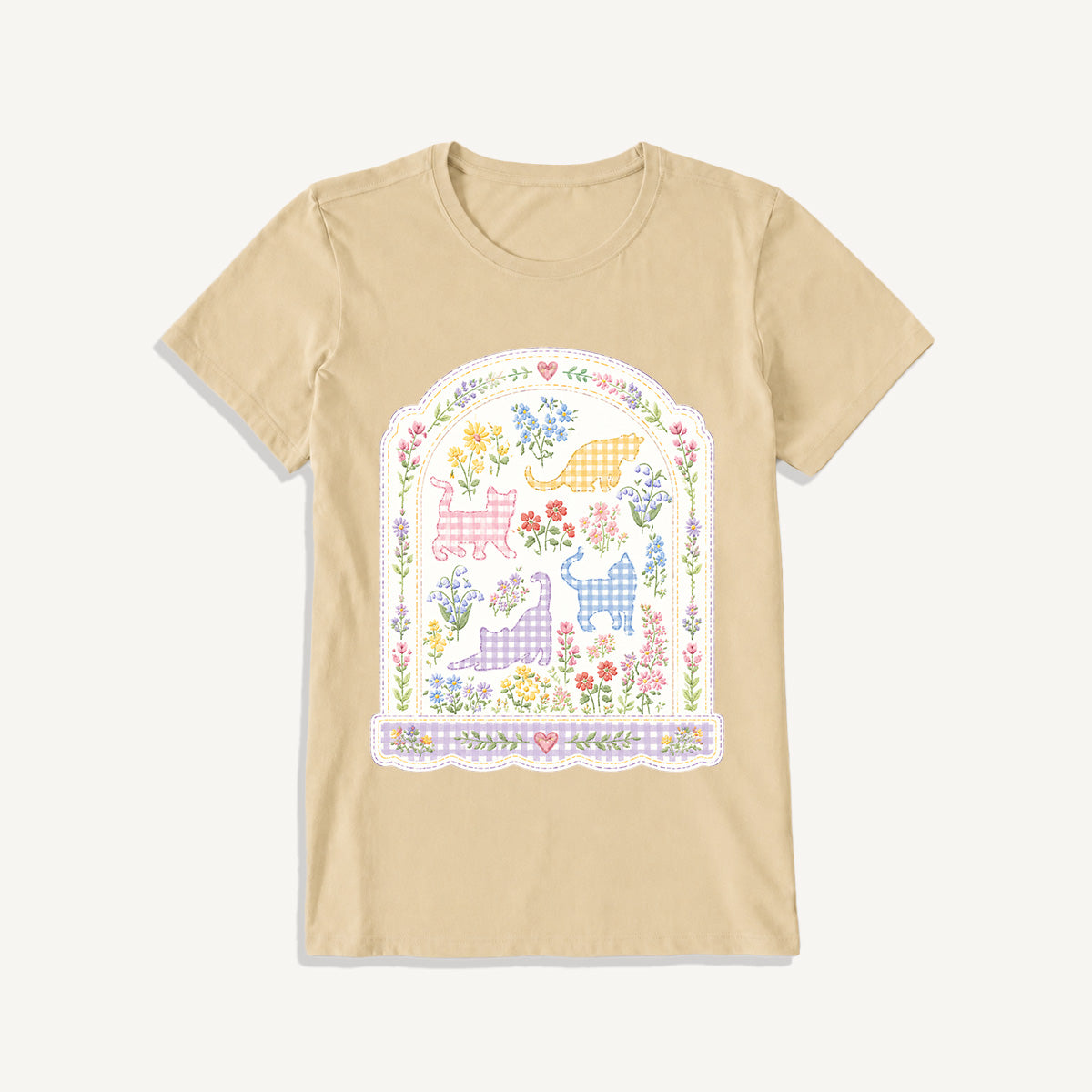 Gingham Cats Arch Frame Print Crew Neck Cotton Tee