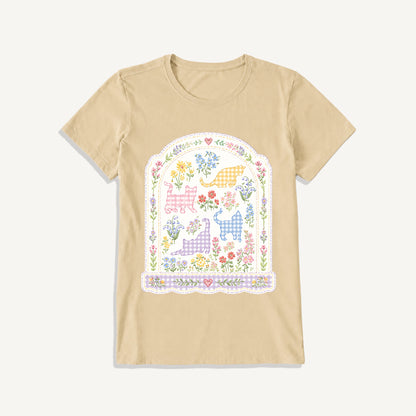 Gingham Cats Arch Frame Print Crew Neck Cotton Tee