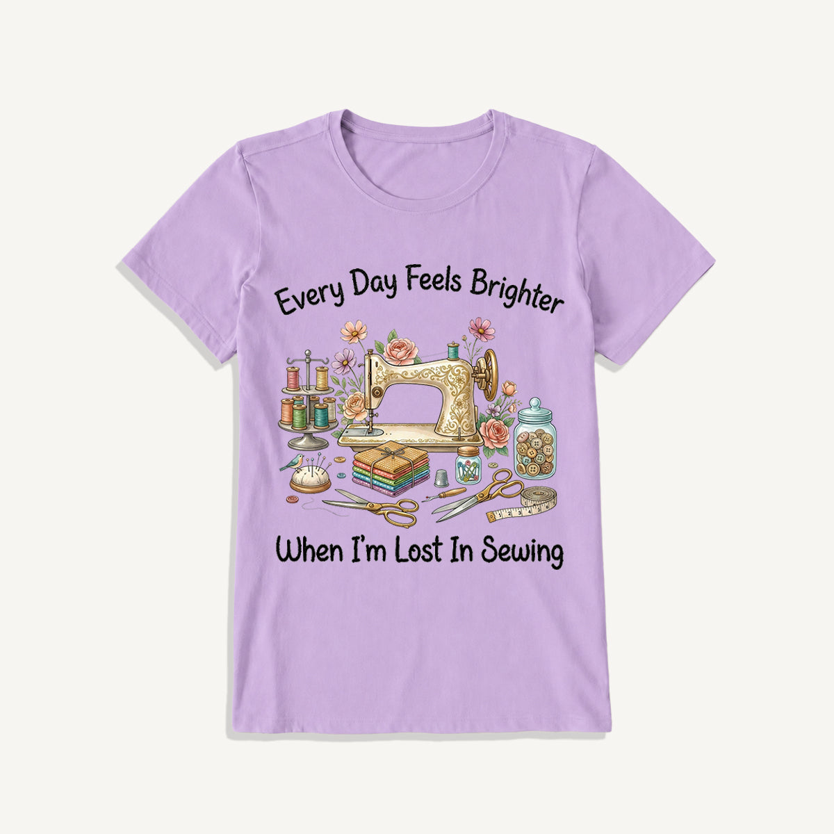 Lost in Sewing Joy Print Crew Neck Cotton Tee