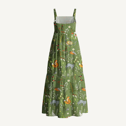 Whimsical Woodland Animals Print Cotton Wide Straps Maxi Dress With Pockets