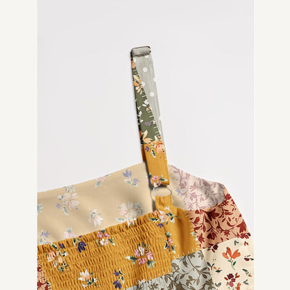 Rustic Floral Patchwork Print Wide Straps Maxi Dress With Pockets