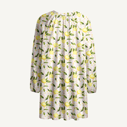 Lemon Grove Sunshine Print Boho Tie‑Neck Smock Mini Dress