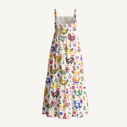 Funky Retro Chicken Print Cotton Wide Straps Maxi Dress With Pockets