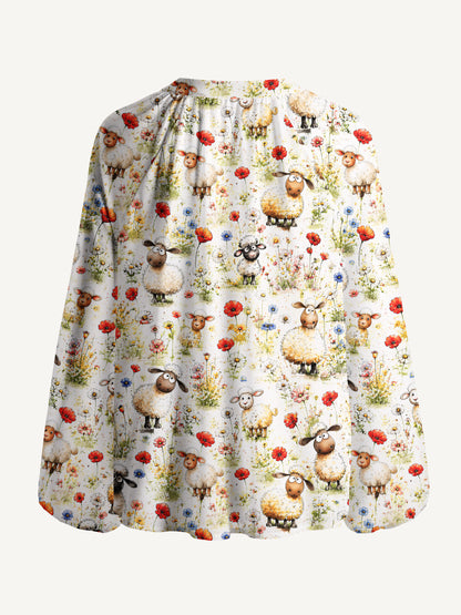 Whimsical Sheep Clipart Print Boho Long Sleeve Tie‑Neck Blouse
