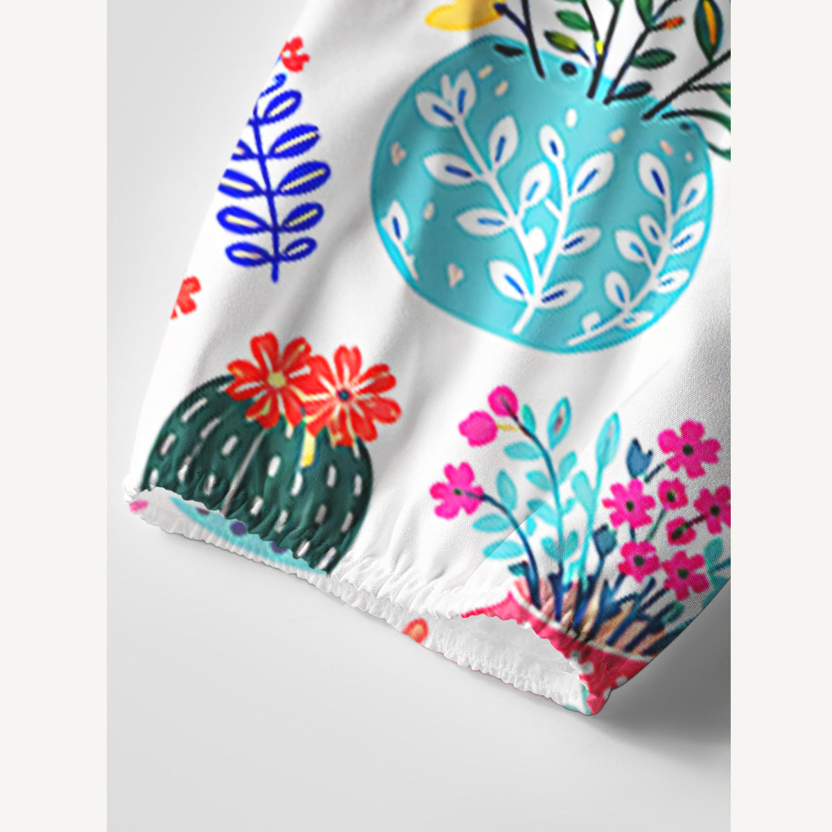 Cactus and Flowers Print Boho Tie‑Neck Smock Mini Dress
