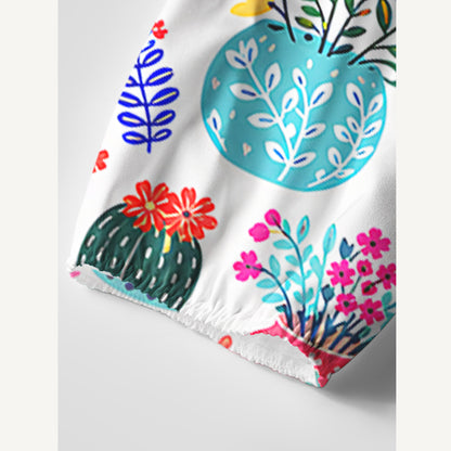Cactus and Flowers Print Boho Tie‑Neck Smock Mini Dress