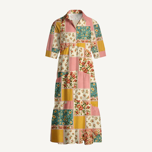 V Neck Collared Vintage Pink and Teal Floral Patchwork Print Casual Midi Dress With Pockets