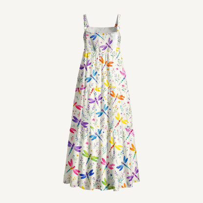 Colorful Dragonflies Print Wide Straps Maxi Dress With Pockets