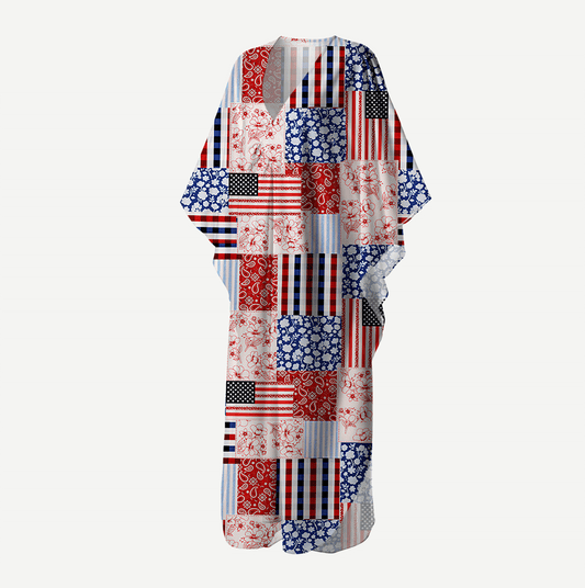 Patriotic Patchwork Quilt Kimono Sleeve Kaftan Dress