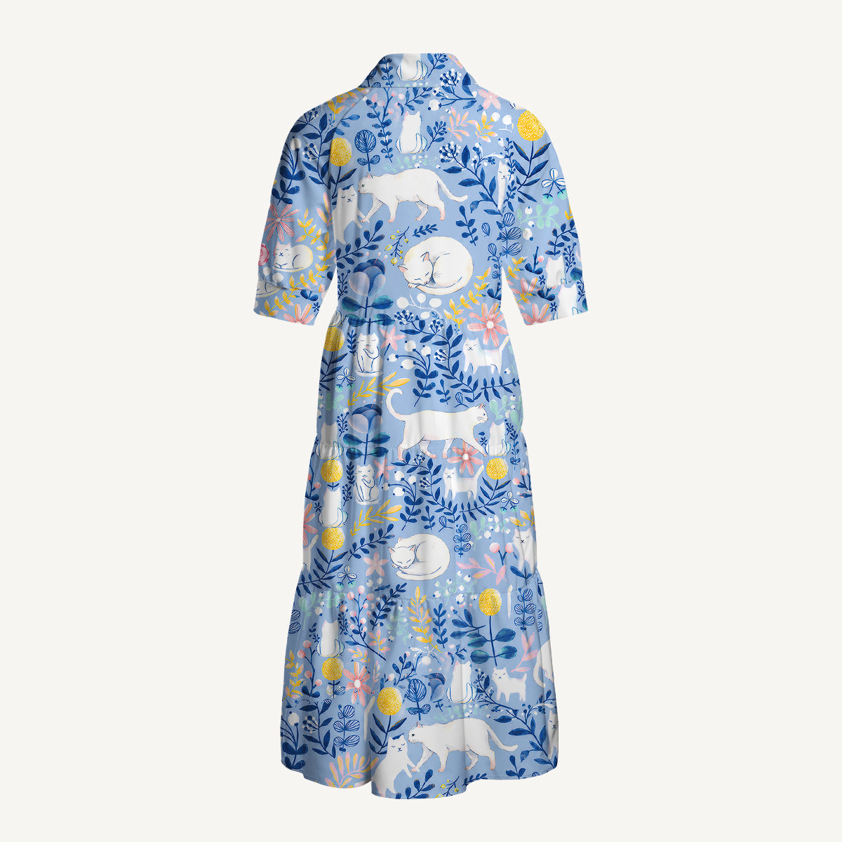 Blue Leaf Cat Midi Dress For Women With Pockets