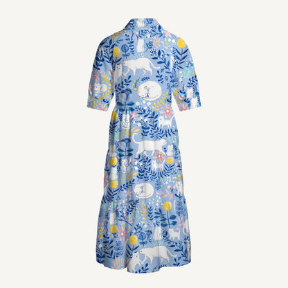 Blue Leaf Cat Midi Dress For Women With Pockets