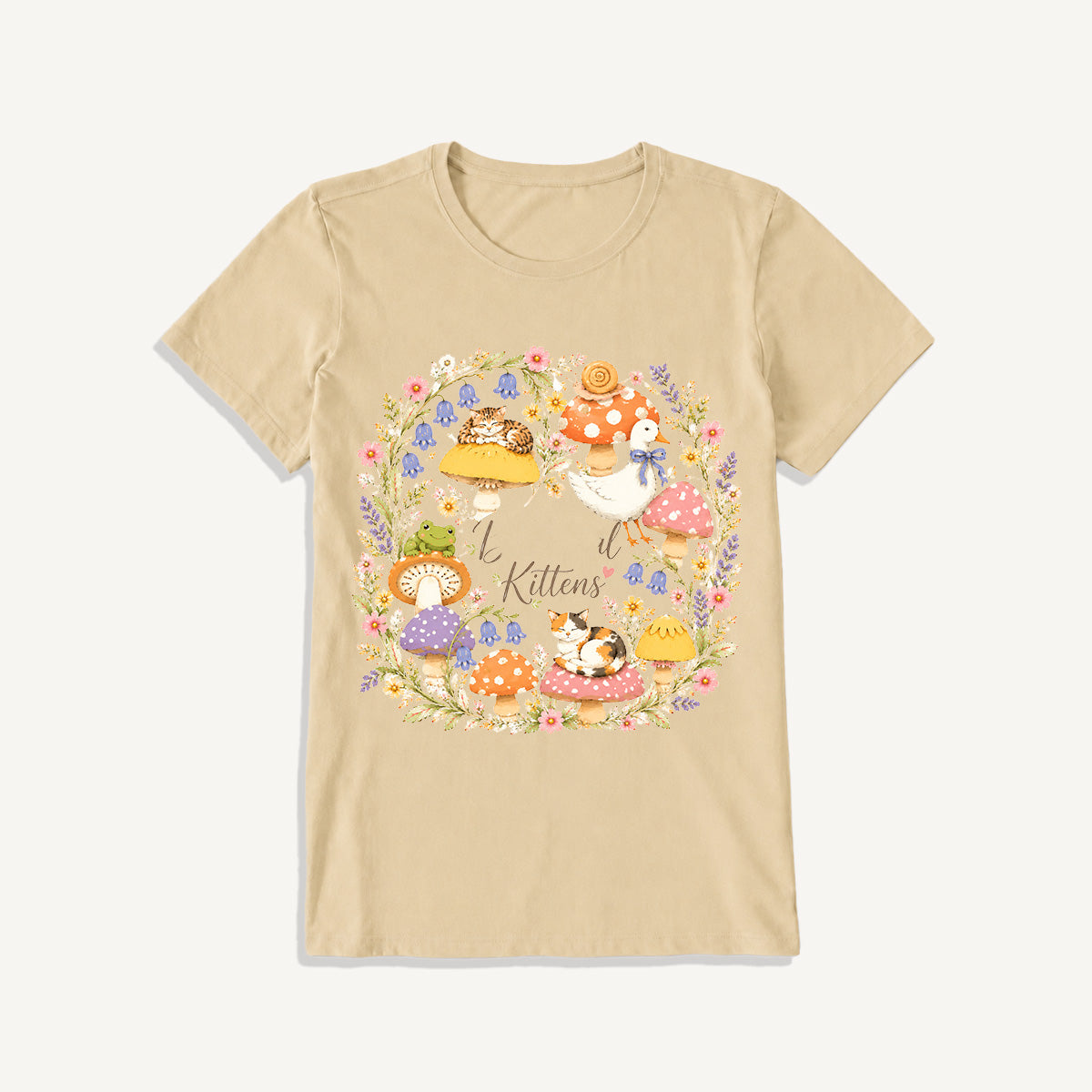 Botanical Kittens Mushroom Wreath Print Crew Neck Cotton Tee