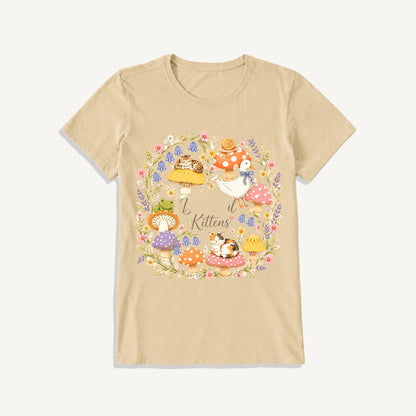 Botanical Kittens Mushroom Wreath Print Crew Neck Cotton Tee