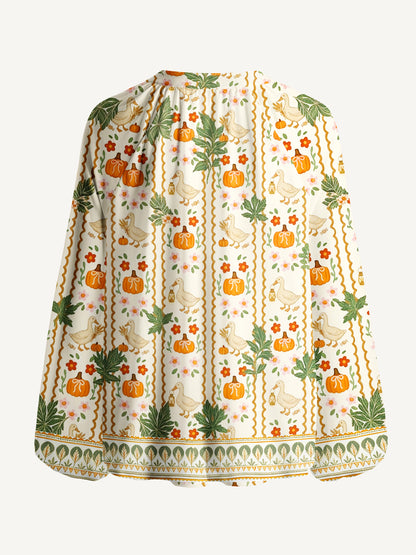 Harvest Goose & Pumpkin Print Boho Long Sleeve Tie‑Neck Blouse