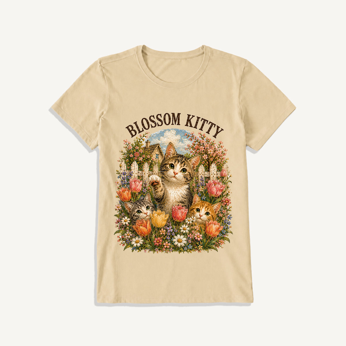 Blossom Kitty Cottage Print Crew Neck Cotton Tee