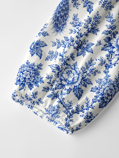 Blue Chinoiserie Peacock and Bloom Toile Print Boho Long Sleeve Tie‑Neck Blouse