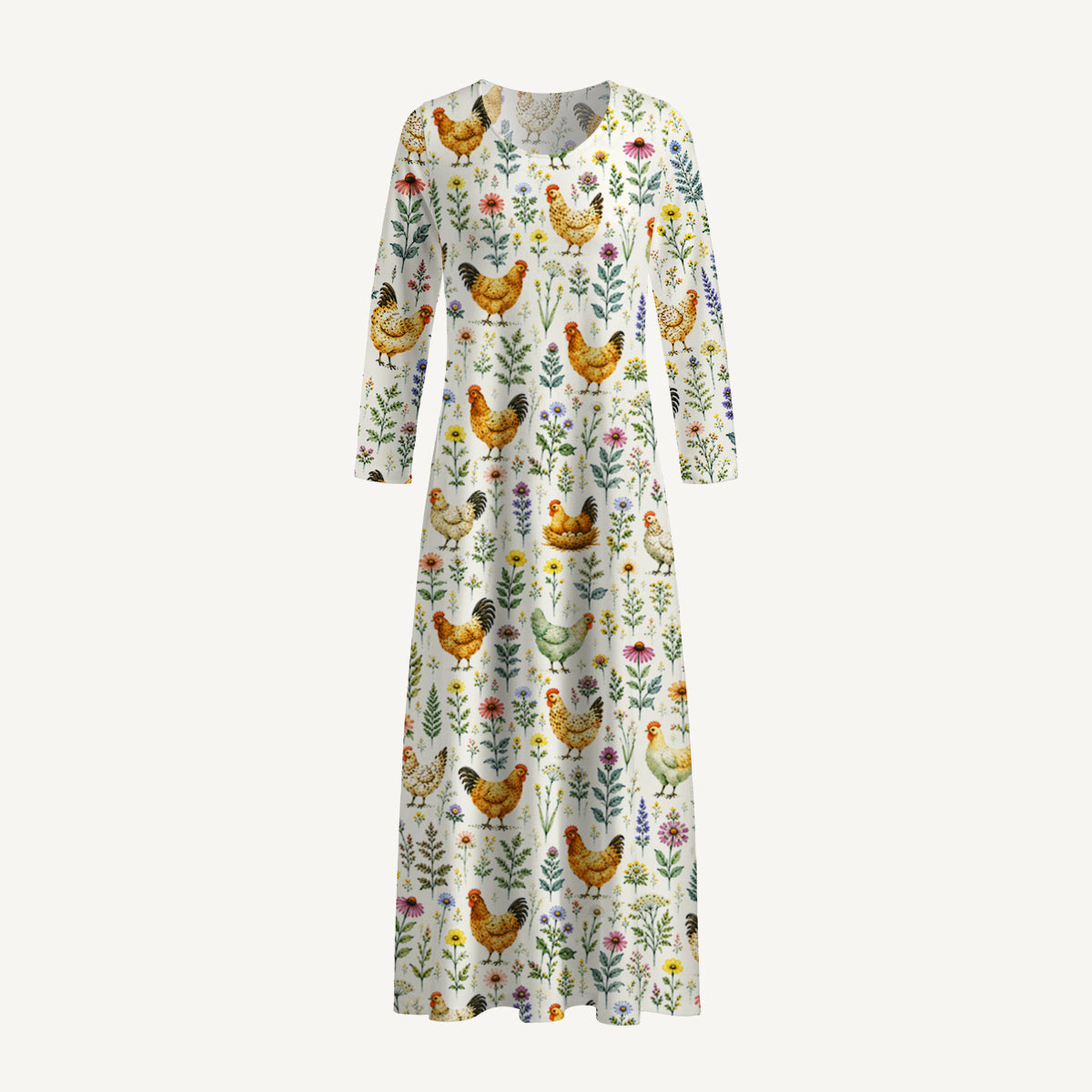 Watercolor Chickens Leaves Print Soft-Touch Stretch Knit Long Sleeve Maxi Dress with Pockets