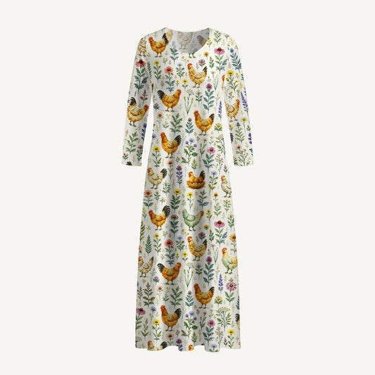 Watercolor Chickens Leaves Print Soft-Touch Stretch Knit Long Sleeve Maxi Dress with Pockets