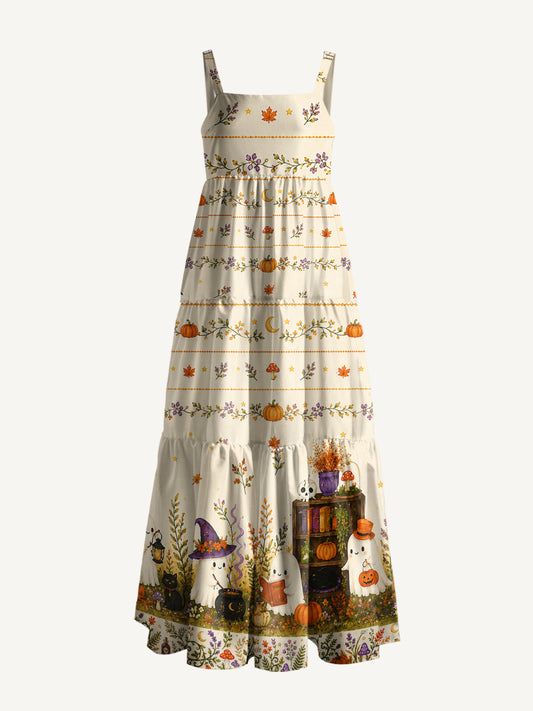 Ghostly Harvest Garden Print Wide Straps Maxi Dress With Pockets