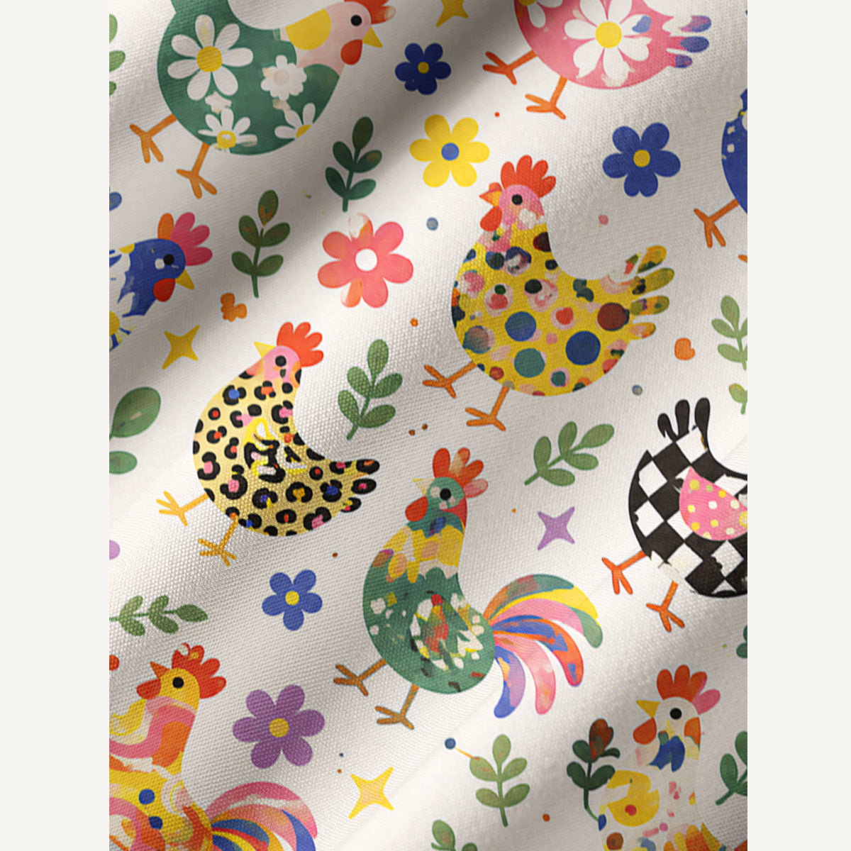 Funky Retro Chicken Print Boho Tie‑Neck Smock Mini Dress
