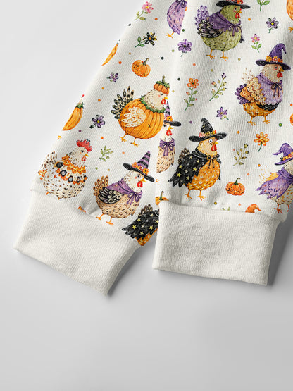 Lightweight Crew Neck Long‑Sleeve Cropped Cute Whimsical Chicken Colorful Print Fine‑Knit Cardigan