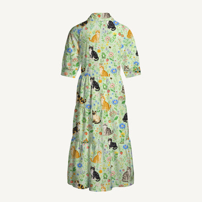 V Neck Collared Floral Cats Parade Print Casual Midi Dress With Pockets