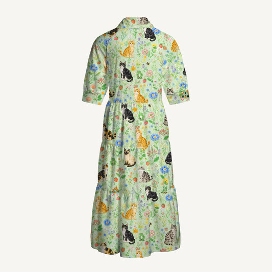 V Neck Collared Floral Cats Parade Print Casual Midi Dress With Pockets